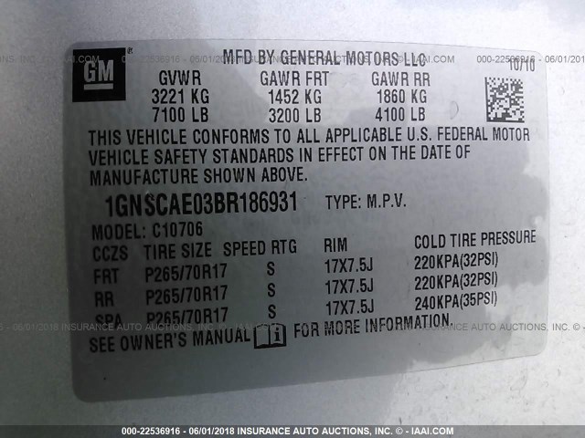 1GNSCAE03BR186931 - 2011 CHEVROLET TAHOE C1500  LS SILVER photo 9