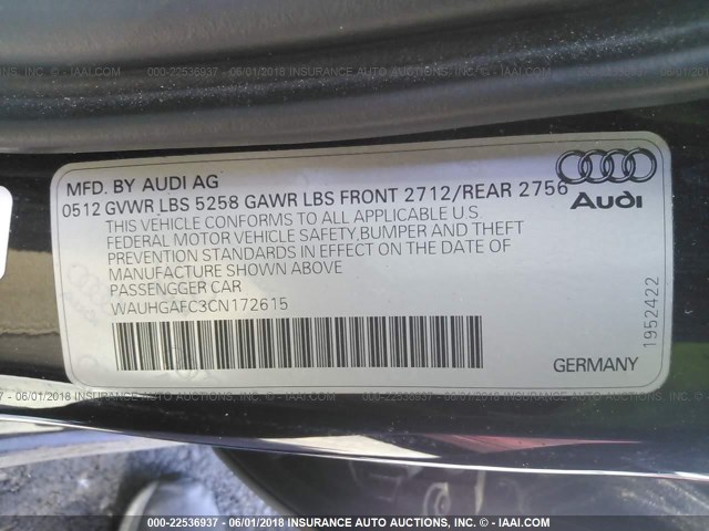 WAUHGAFC3CN172615 - 2012 AUDI A6 PRESTIGE შავი ფოტო 9