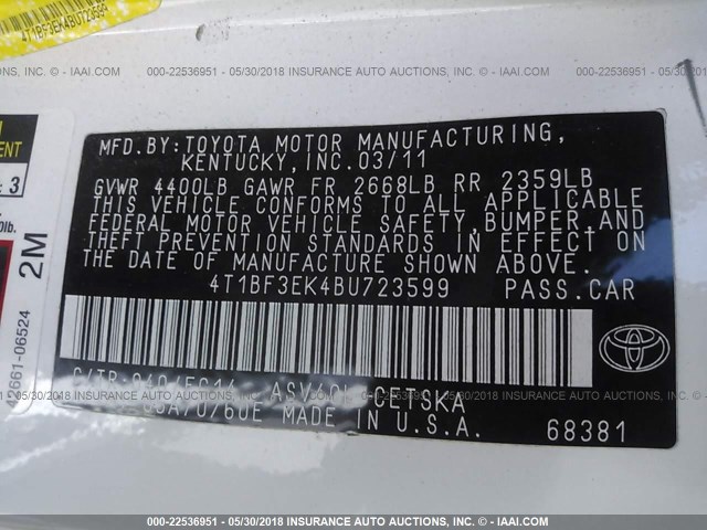 4T1BF3EK4BU723599 - 2011 TOYOTA CAMRY SE/LE/XLE WHITE photo 9