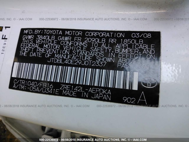 JTDBL40E29J012337 - 2009 TOYOTA COROLLA LE/XLE WHITE photo 9