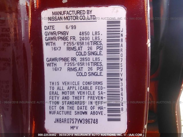 JN8AR07S7YW396748 - 2000 NISSAN PATHFINDER LE/SE/XE RED photo 9