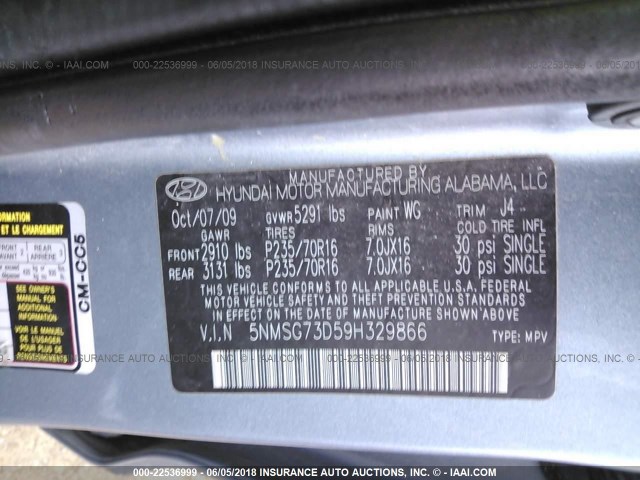 5NMSG73D59H329866 - 2009 HYUNDAI SANTA FE GLS BLUE photo 9