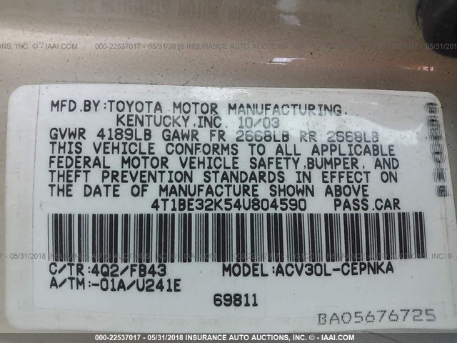 4T1BE32K54U804590 - 2004 TOYOTA CAMRY LE/XLE/SE 金色 照片 9