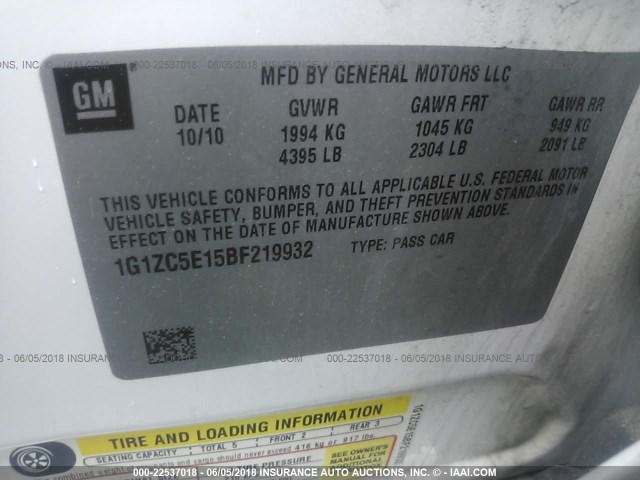 1G1ZC5E15BF219932 - 2011 CHEVROLET MALIBU 1LT 白色 照片 9