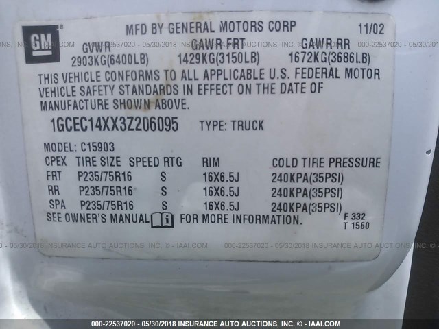 1GCEC14XX3Z206095 - 2003 CHEVROLET SILVERADO C1500 WHITE photo 9