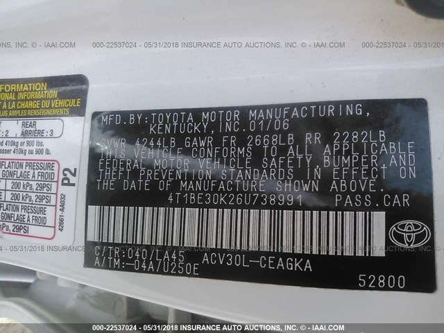 4T1BE30K26U738991 - 2006 TOYOTA CAMRY LE/XLE/SE 白色 照片 9