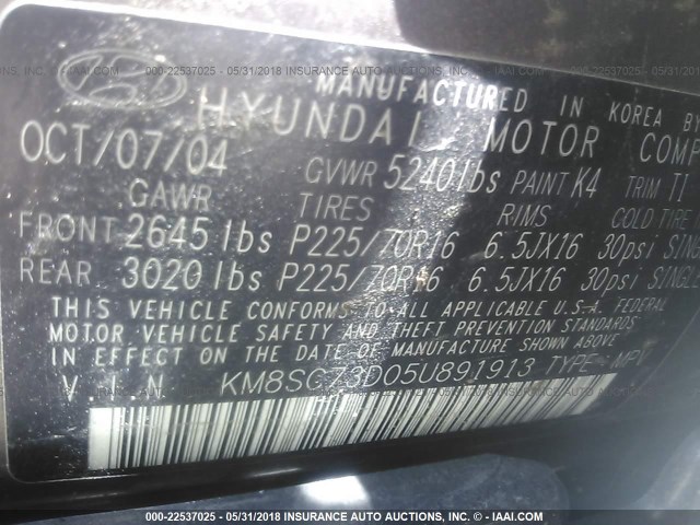 KM8SC73D05U891913 - 2005 HYUNDAI SANTA FE GLS/LX BROWN photo 9