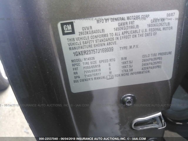 1GKER23757J169939 - 2007 GMC ACADIA SLT-1 Szampański zdjęcie 9