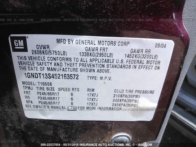 1GNDT13S452163572 - 2005 CHEVROLET TRAILBLAZER LS/LT MAROON photo 9