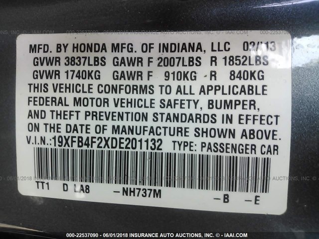 19XFB4F2XDE201132 - 2013 HONDA CIVIC HYBRID GRAY photo 9