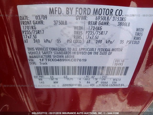 1FTRX04899KC07619 - 2009 FORD F150 SUPER CAB RED photo 9