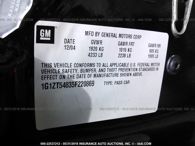 1G1ZT54835F220869 - 2005 CHEVROLET MALIBU LS ლურჯი ფოტო 9