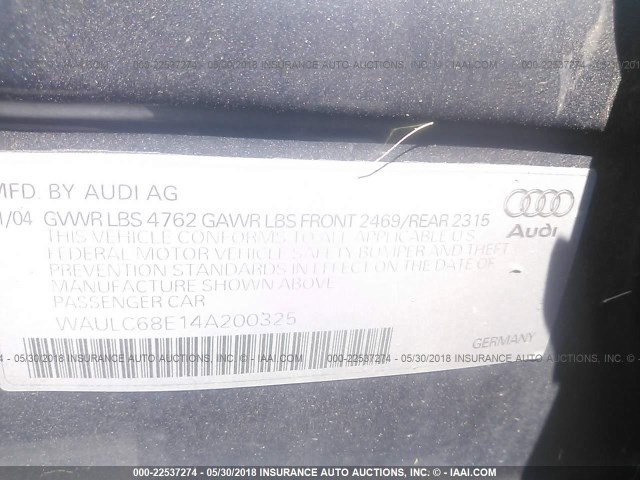 WAULC68E14A200325 - 2004 AUDI A4 1.8T QUATTRO GRAY photo 9