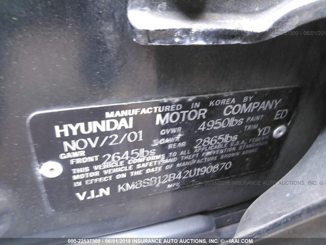 KM8SB12B42U190870 - 2002 HYUNDAI SANTA FE GL BLACK photo 9