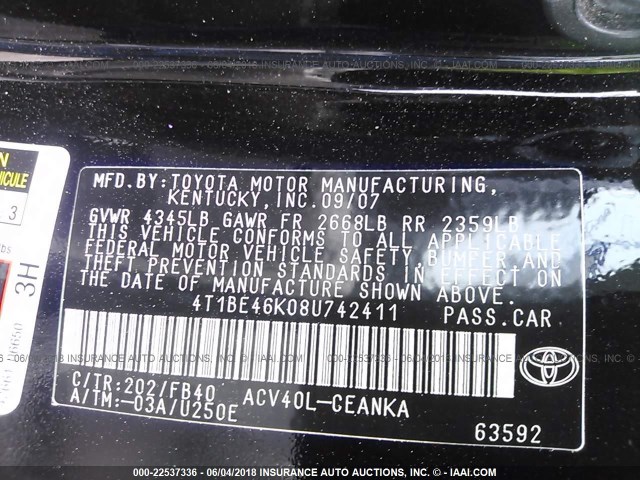 4T1BE46K08U742411 - 2008 TOYOTA CAMRY CE/LE/XLE/SE BLACK photo 9