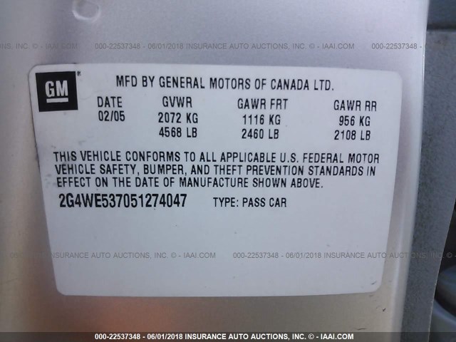 2G4WE537051274047 - 2005 BUICK LACROSSE CXS SILVER photo 9