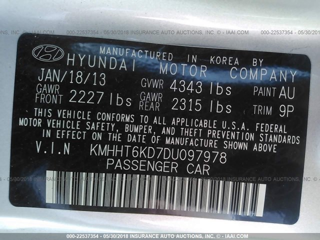 KMHHT6KD7DU097978 - 2013 HYUNDAI GENESIS COUPE 2.0T SILVER photo 9