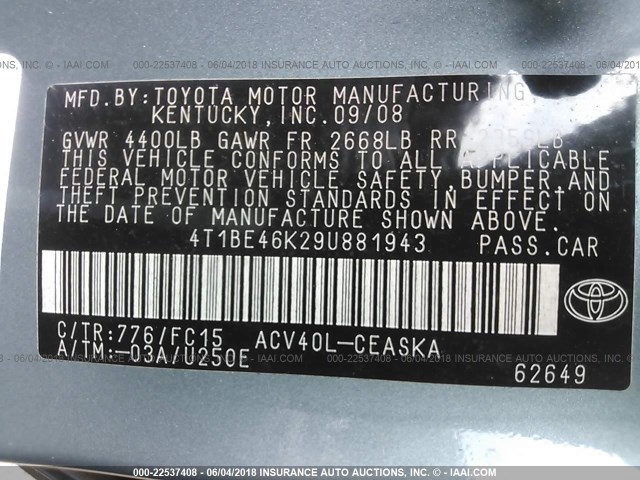 4T1BE46K29U881943 - 2009 TOYOTA CAMRY SE/LE/XLE 绿色 照片 9