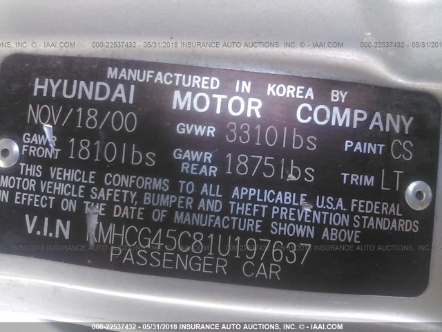 KMHCG45C81U197637 - 2001 HYUNDAI ACCENT GL SILVER photo 9