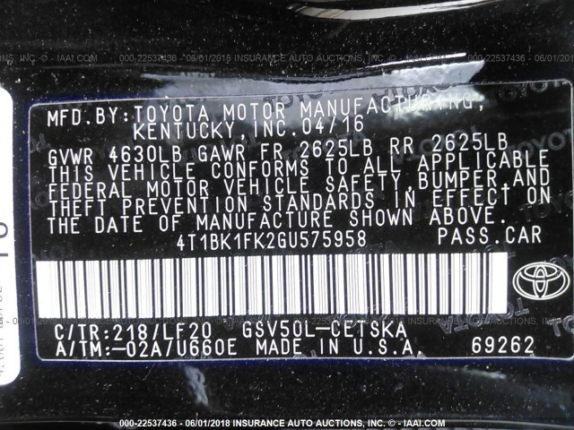 4T1BK1FK2GU575958 - 2016 TOYOTA CAMRY XSE/XLE Qara foto 9