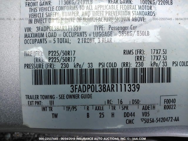 3FADP0L38AR111339 - 2010 FORD FUSION HYBRID SILVER photo 9