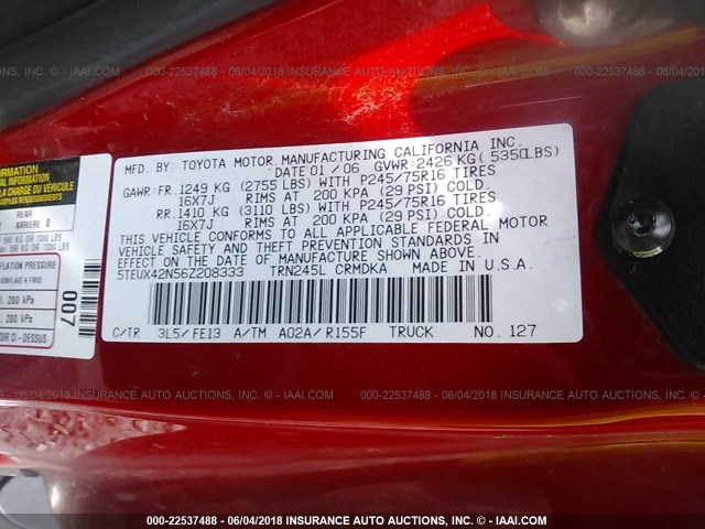 5TEUX42N56Z208333 - 2006 TOYOTA TACOMA ACCESS CAB Rot Foto 9