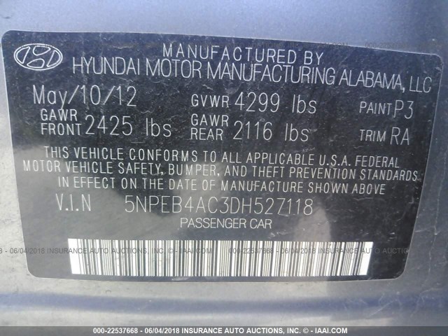 5NPEB4AC3DH527118 - 2013 HYUNDAI SONATA GLS GRAY photo 9