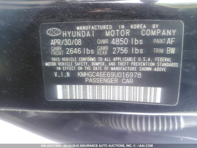 KMHGC46E69U016978 - 2009 HYUNDAI GENESIS 3.8L BLACK photo 9