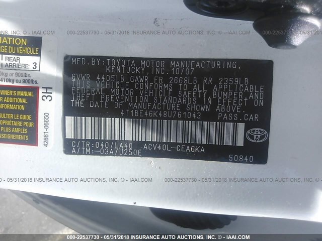 4T1BE46K48U761043 - 2008 TOYOTA CAMRY CE/LE/XLE/SE WHITE photo 9