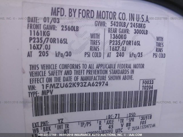 1FMZU62K93ZA62974 - 2003 FORD EXPLORER XLS/XLS SPORT WHITE photo 9