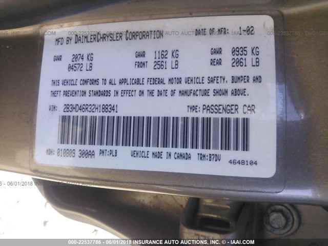 2B3HD46R32H188341 - 2002 DODGE INTREPID SE GOLD photo 9