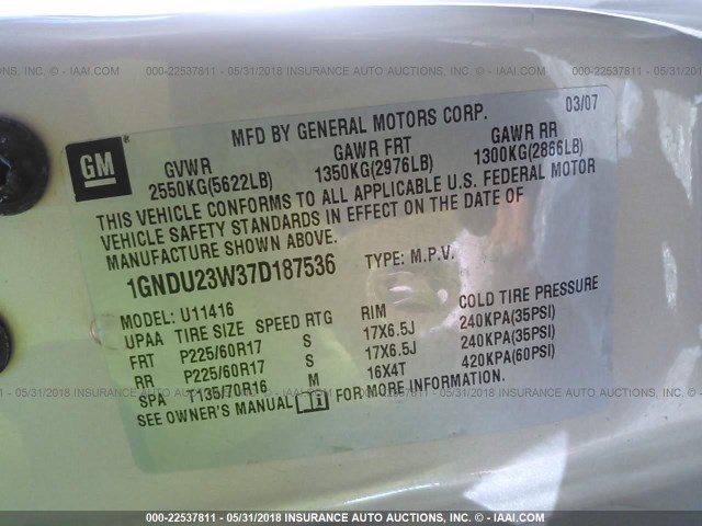 1GNDU23W37D187536 - 2007 CHEVROLET UPLANDER LS BEIGE photo 9