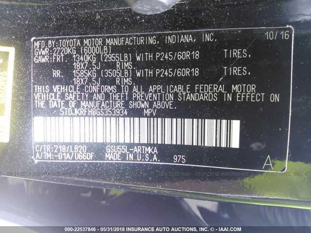 5TDJKRFH8GS353934 - 2016 TOYOTA HIGHLANDER XLE შავი ფოტო 9