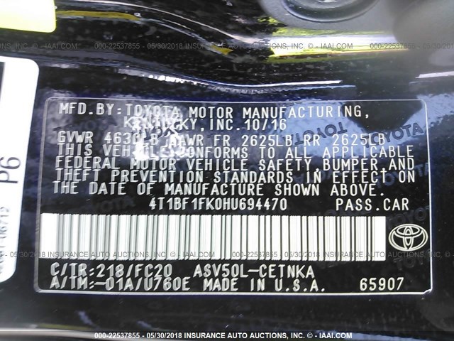 4T1BF1FK0HU694470 - 2017 TOYOTA CAMRY LE/XLE/SE/XSE BLACK photo 9