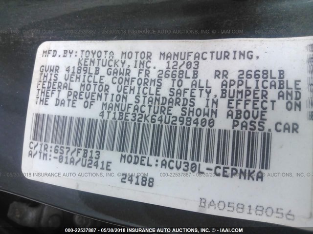 4T1BE32K64U298400 - 2004 TOYOTA CAMRY LE/XLE/SE GREEN photo 9