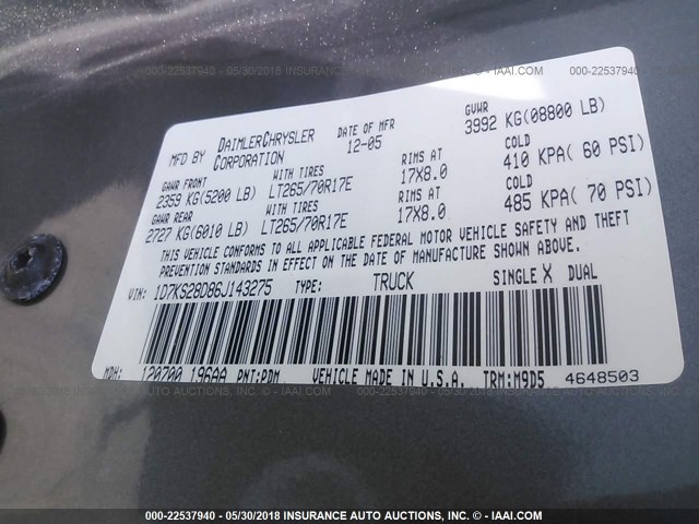 1D7KS28D86J143275 - 2006 DODGE RAM 2500 ST/SLT 灰色 照片 9