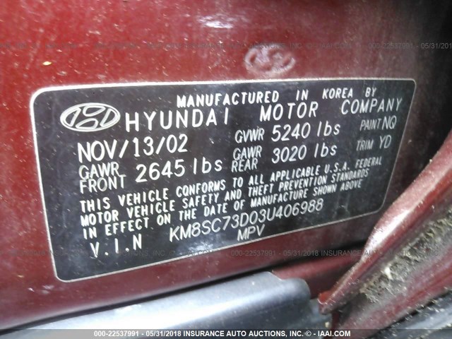 KM8SC73D03U406988 - 2003 HYUNDAI SANTA FE GLS/LX BURGUNDY photo 9