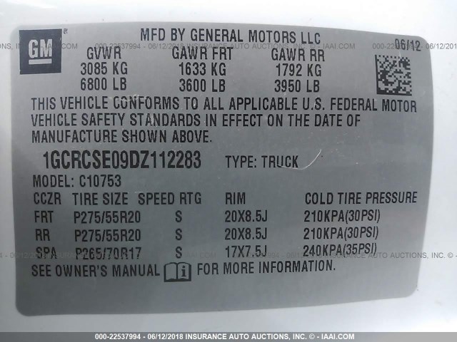 1GCRCSE09DZ112283 - 2013 CHEVROLET SILVERADO C1500 LT WHITE photo 9