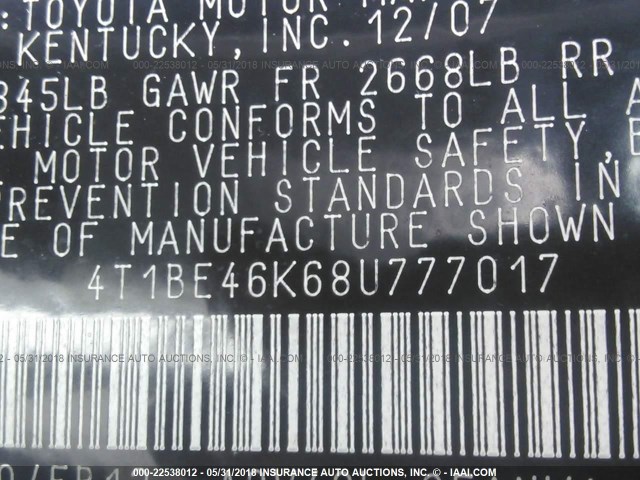 4T1BE46K68U777017 - 2008 TOYOTA CAMRY CE/LE/XLE/SE WHITE photo 9