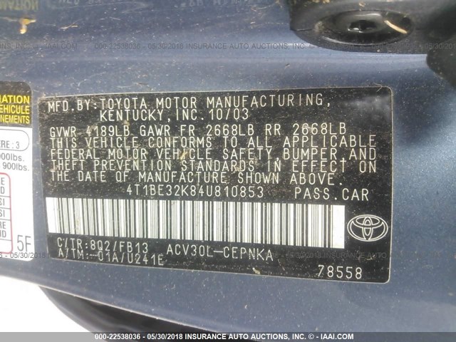 4T1BE32K84U810853 - 2004 TOYOTA CAMRY LE/XLE/SE 浅蓝色 照片 9