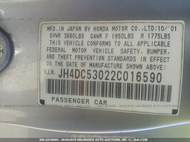 JH4DC53022C016590 - 2002 ACURA RSX TYPE-S SILVER photo 9