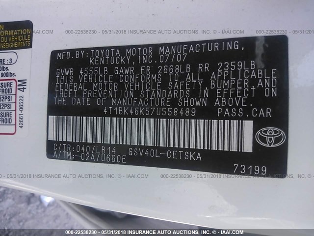 4T1BK46K57U558489 - 2007 TOYOTA CAMRY NEW GENERAT LE/XLE/SE WHITE photo 9