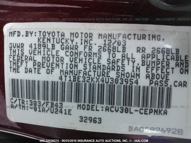 4T1BE32KX4U303954 - 2004 TOYOTA CAMRY LE/XLE/SE 栗色 照片 9