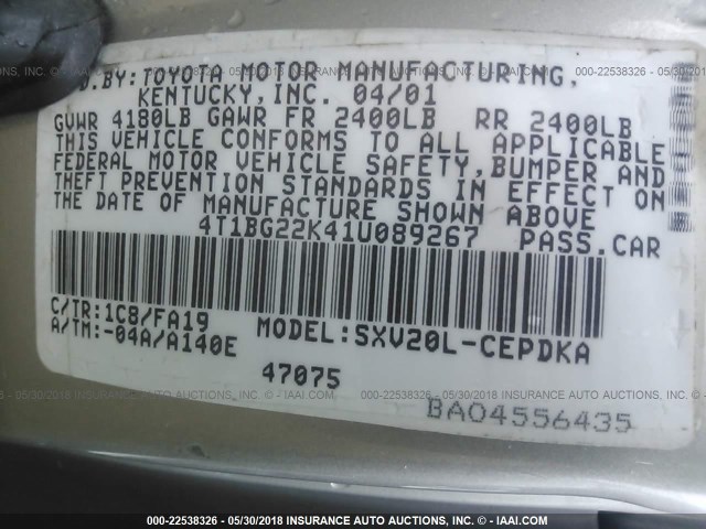 4T1BG22K41U089267 - 2001 TOYOTA CAMRY CE/LE/XLE SILVER photo 9