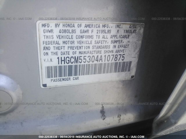 1HGCM55304A107875 - 2004 HONDA ACCORD LX SILVER photo 9