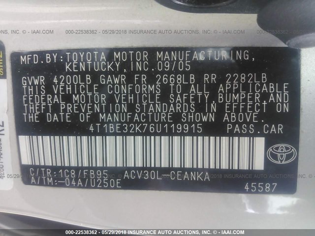 4T1BE32K76U119915 - 2006 TOYOTA CAMRY LE/XLE/SE ვერცხლისფერი ფოტო 9