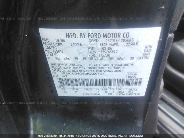 1FMCU04G69KA59737 - 2009 FORD ESCAPE LIMITED GRAY photo 9