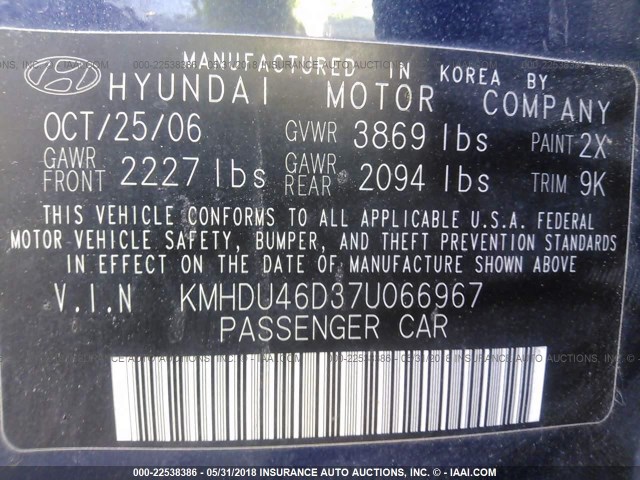 KMHDU46D37U066967 - 2007 HYUNDAI ELANTRA GLS/SE/LIMITED BLUE photo 9