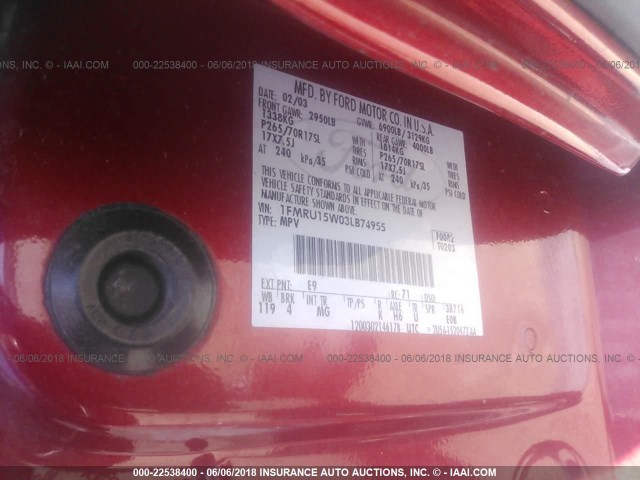 1FMRU15W03LB74955 - 2003 FORD EXPEDITION XLT RED photo 9