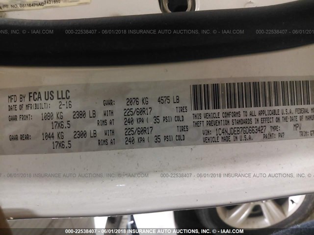 1C4NJDEB7GD663427 - 2016 JEEP COMPASS LATITUDE 白色 照片 9